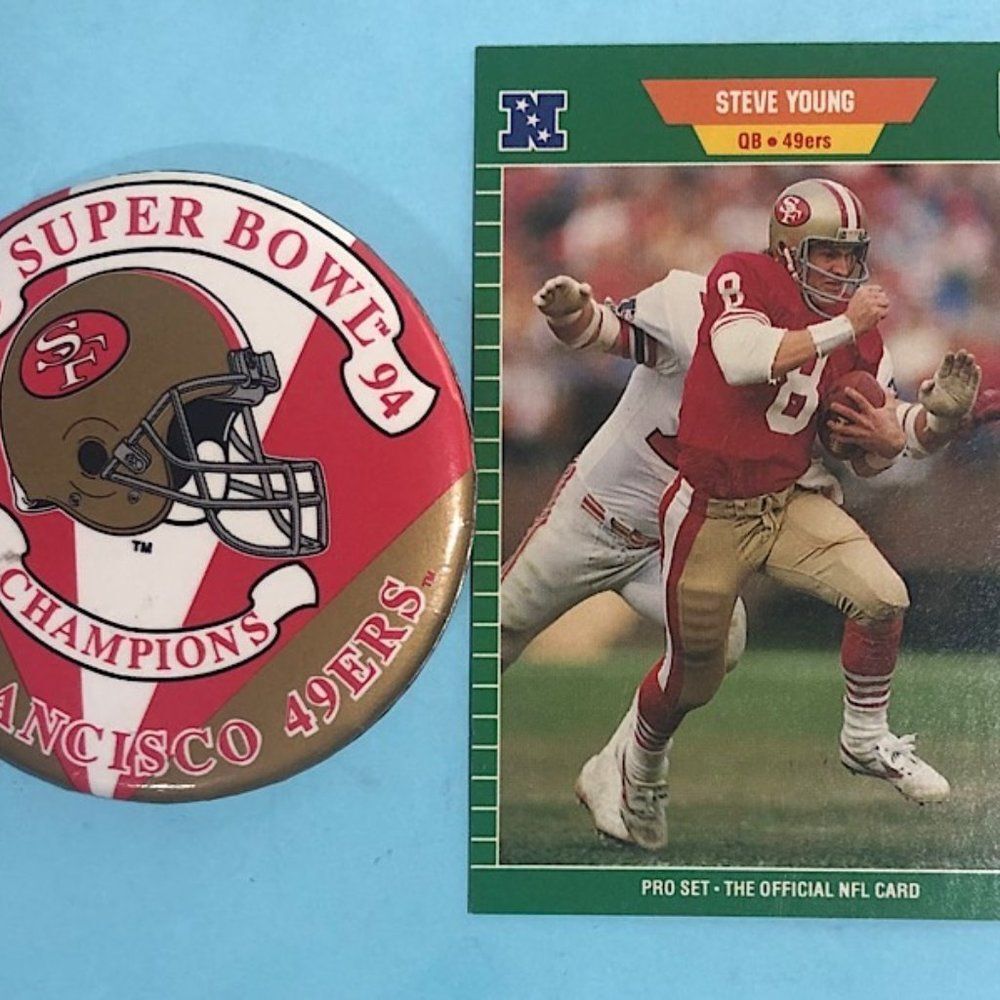 Steve Young 1989 Pro Set Card & Super Bowl XXIX Pin,SF 49ers Champs & Youn…